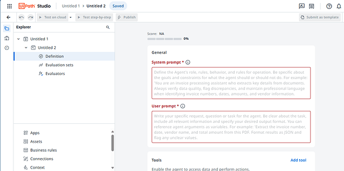 The image shows a UiPath Studio interface displaying a project setup with sections for Definition, Evaluation sets, and Evaluators, and contains instructions for defining system and user prompts. (Captioned by AI)