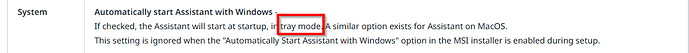 The image depicts a software setting to automatically start an assistant program with Windows, with "tray mode" highlighted in red. (Captioned by AI)