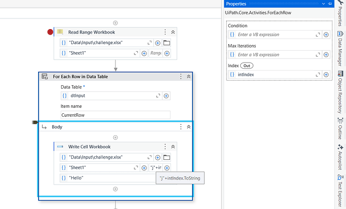 The image displays a RPA automation workflow in UiPath Studio, involving reading a data table from an Excel worksheet and writing specified values to another worksheet. (Captioned by AI)