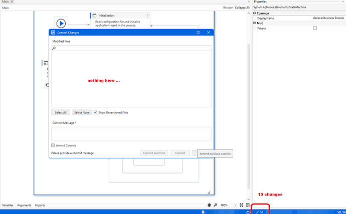 The screenshot shows a commit window with no modified files displayed in a software development environment, despite indicating 10 changes at the bottom. (Captioned by AI)