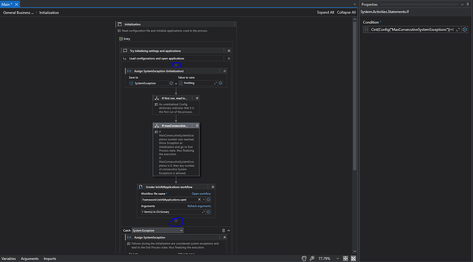 The image shows a workflow configuration screen in UiPath Studio, specifically for an initialization process within a robotic automation project. (AI tarafından altyazılı)