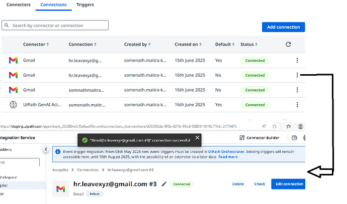 The image shows a UIPath integration service screen displaying multiple email connections, with a notification indicating a successful connection for "Gmail(hr.leavexyz@gmail.com #3)," and options to edit or manage these connections. (Captioned by AI)