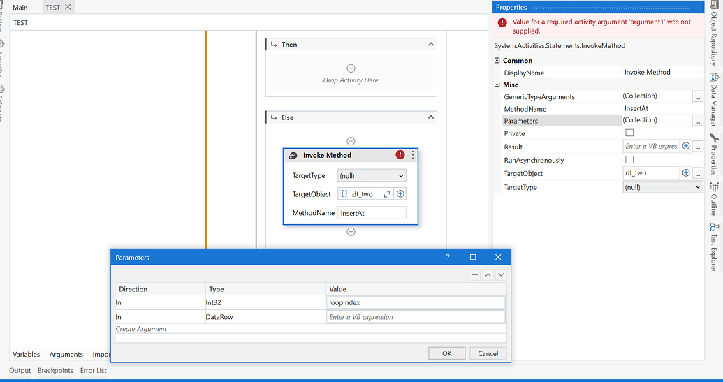 How to add empty row in a data table in this scenario? Activities