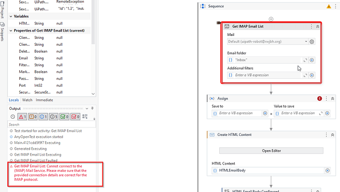 The image shows a UiPath automation sequence with a highlighted "Get IMAP Email List" activity, which displays an error message indicating a failure to connect to the IMAP Mail Service due to incorrect connection details. (Captioned by AI)