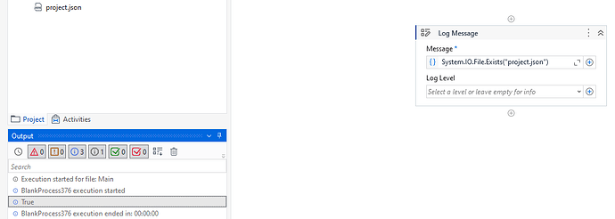 The image shows a UiPath workflow that logs a message indicating whether the file "project.json" exists, with the output panel confirming the file's existence as "True." (Captioned by AI)