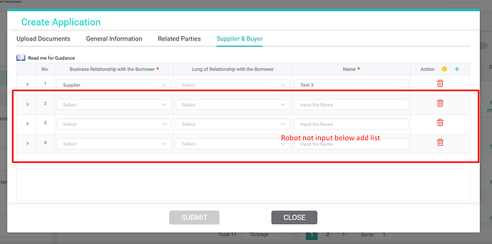 The image shows a "Create Application" form on a webpage, specifically on the "Supplier & Buyer" tab, displaying four rows for entering details about business relationships, with only the first row partially filled and a red box highlighting an area with a note indicating "Robot not input below add list." (Captioned by AI)