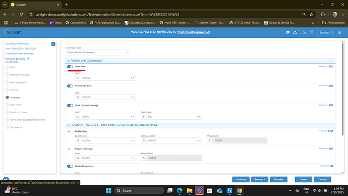 The image displays a user interface for Commercial Auto Quotes showing policy coverage options and premiums within the Sunlight application. (Captioned by AI)