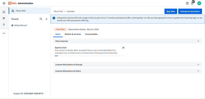 The image shows the UiPath Administration interface displaying license information with a promotional offer for free Integration Service API Calls usage, alongside options for purchasing or activating an enterprise plan. (Captioned by AI)