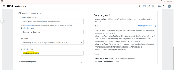 The image shows a configuration form in UiPath Orchestrator for inputting domain credentials, alongside a summary card detailing user roles and settings. (Captioned by AI)
