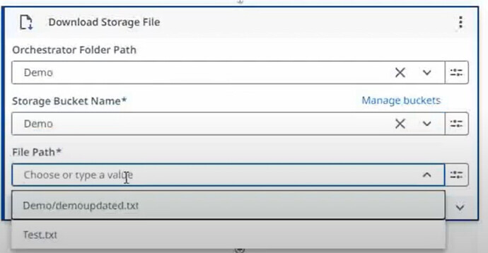 The image shows a software interface for downloading a storage file, with fields for specifying the orchestrator folder path, storage bucket name, and file path, offering options like "Demo/demoupdated.txt" and "Test.txt." (Captioned by AI)