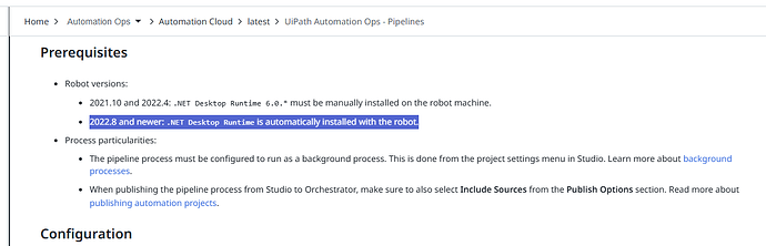 The image displays a webpage detailing prerequisites and configurations for UiPath Automation Ops, highlighting different robot versions and process particulars. (Captioned by AI)
