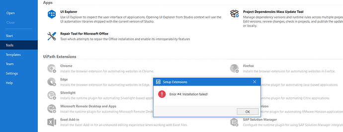 The image shows a software interface with a popup error message stating "Error #4: Installation failed!" during the setup of UiPath Extensions. (Captioned by AI)