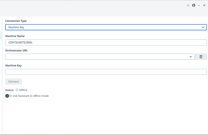 A software interface for connecting a machine to an orchestrator using a machine key, showing fields for Machine Name, Orchestrator URL, and Machine Key, with the connection status currently set to offline. (Captioned by AI)