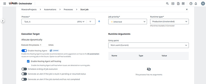 The image shows a screenshot of the UiPath Orchestrator interface, focusing on the Start Job settings with options for dynamic allocation and Healing Agent features. (Captioned by AI)