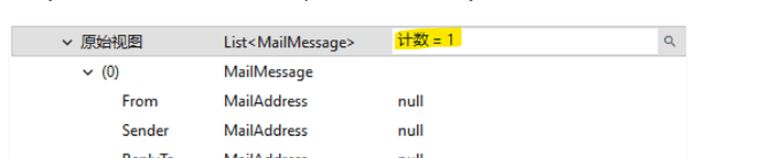 The image shows a debugging window displaying a list of "MailMessage" objects with a count of 1, where the fields "From," "Sender," and "Reply To" are all null. (Captioned by AI)