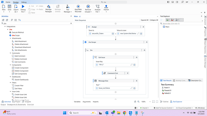 The image shows a UIPath automation workflow involving Jira integration, with activities for assigning values, retrieving Jira issues, and displaying a message box, all set within the main sequence of the project. (Captioned by AI)