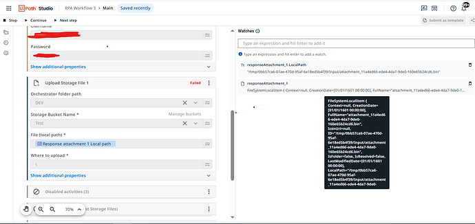 The image shows a screenshot of the UiPath Studio interface, where an attempt to upload a file to a storage bucket labeled "Test" has failed, with details of the response and file path displayed on the right. (Légende par l'IA)