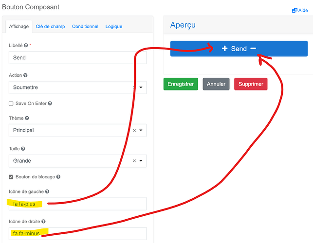 The image shows a form builder interface with a button component being customized to display "Send" with a plus icon on the left and a minus icon on the right. (Captioned by AI)