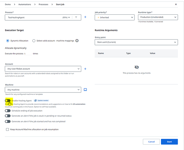 This image shows a process configuration interface in an automation system featuring settings for execution target, account, machine, and optional Healing Agent enabling. (Captioned by AI)