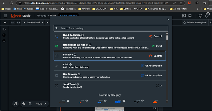 A screenshot of the UiPath Studio interface showing a search for activities with options like "Build Collection," "Read Range Workbook," "For Each," "Click," "Use Browser," and "Send Tweet." (Captioned by AI)