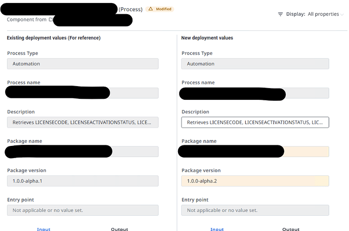 The image shows a software deployment configuration comparison with existing and new values for automation processes. (Captioned by AI)