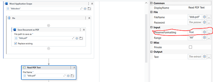 The image shows a workflow in a software automation tool where a Word document named "bbb.docx" is saved as a PDF named "bbb.pdf" and then its text is read with formatting preserved. (Captioned by AI)