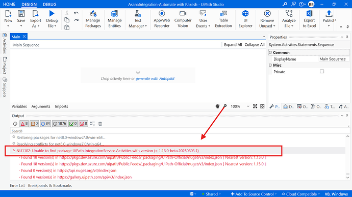 The image shows an error message in UiPath Studio indicating that the package "UiPath.IntegrationService.Activities" with version "1.16.0-beta.20250603.1" cannot be found. (Captioned by AI)