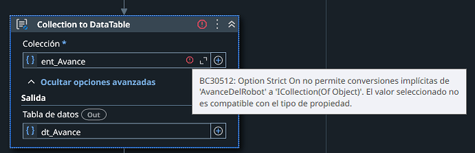 The image shows a software interface with a 'Collection to DataTable' component and an error message about type incompatibility due to strict type conversion rules. (Captioned by AI)