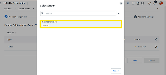 The image displays a selection interface in UiPath Orchestrator focusing on choosing a 'Prompt Template' shared index. (Captioned by AI)
