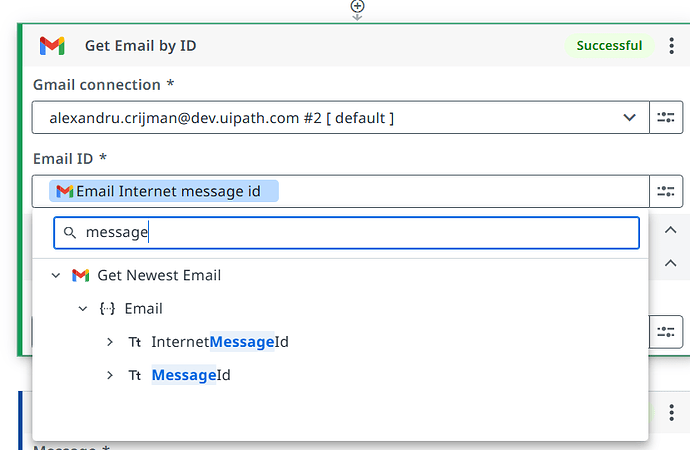 The image depicts a user interface for retrieving an email by its ID using a connection to a Gmail account, with a dropdown suggestion for "Email Internet message id". (Captioned by AI)