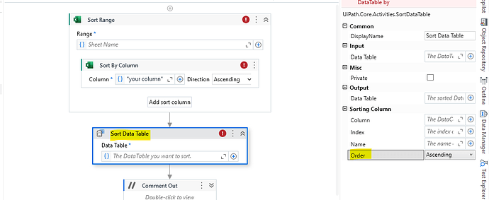 The image shows a workflow in UiPath Studio for sorting a data table and Excel sheet by a specified column in ascending order, alongside the properties panel detailing configurations for the sort operation. (Captioned by AI)