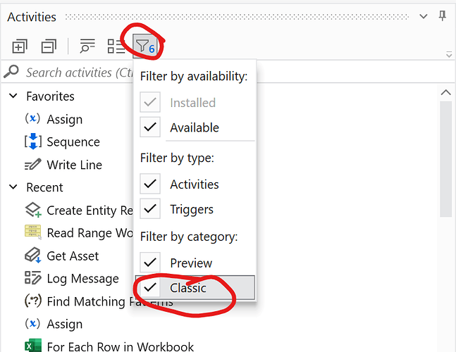 The image shows an activity filtering dropdown menu in a software interface, with options selected for "Available," "Activities," and "Classic." (Captioned by AI)