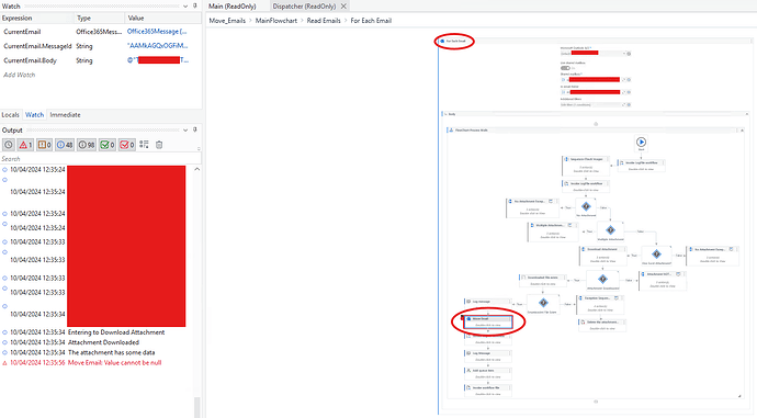 The image shows a workflow diagram and watch variables in a software development environment, focusing on an email processing bot and highlighting the "For Each Email" and "Move Email" steps. (Captioned by AI)