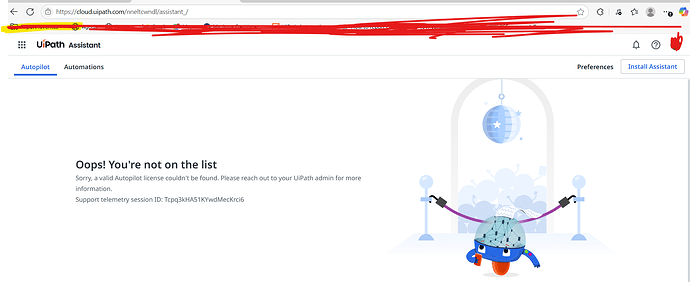 A webpage displaying a message noting the absence of a valid UiPath Autopilot license, accompanied by a playful robot illustration. (Captioned by AI)