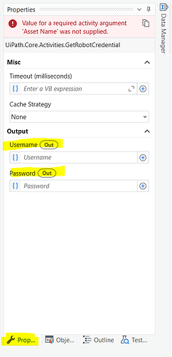 The image shows a UiPath GetRobotCredential activity properties panel with a highlighted error message indicating that the 'Asset Name' argument is missing and showing the 'Username' and 'Password' output fields. (Captioned by AI)