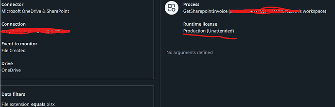 The image shows a configuration settings screen for a Microsoft OneDrive & SharePoint connector, defining a process to monitor the creation of .xlsx files in OneDrive, with the specified process running under a production unattended runtime license. (Captioned by AI)