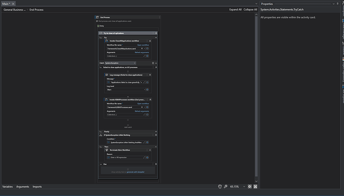 This image shows a UiPath workflow automation screen for an "End Process" sequence with error handling and application closure. (AI tarafından altyazılı)