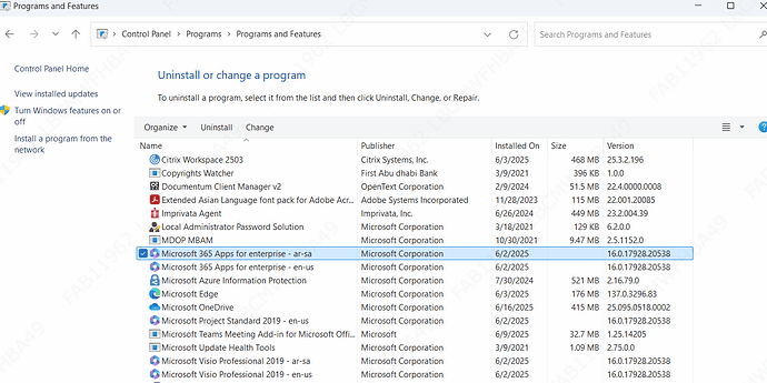 This image shows the "Programs and Features" section of the Windows Control Panel, listing various installed programs and their details such as publisher, install date, size, and version, with "Microsoft 365 Apps for enterprise - ar-sa" selected. (Captioned by AI)