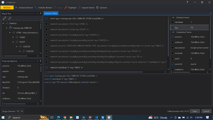 A screenshot of a software UI Explorer tool displaying HTML code structure and property data for elements within an application. (Captioned by AI)