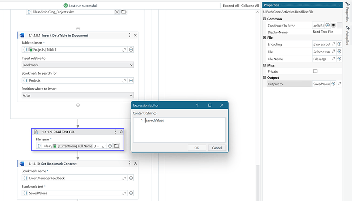 The image displays a UiPath workflow where a DataTable is inserted into a document, followed by reading a text file and setting bookmark content using the value of the variable "SavedValues". (Captioned by AI)