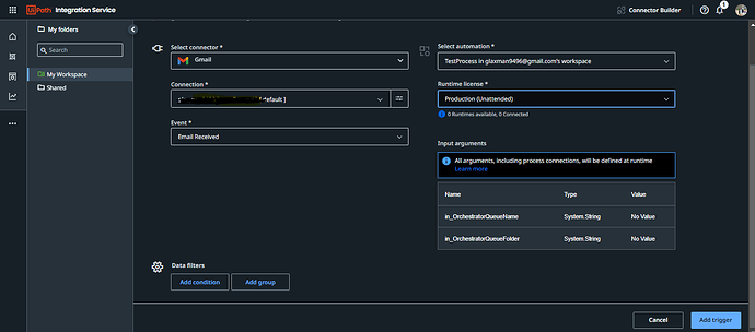 The image depicts the UiPath Integration Service interface for configuring an automation trigger based on receiving an email using the Gmail connector, with input fields for selecting the connector, connection, event, automation, runtime license, and input arguments. (Captioned by AI)
