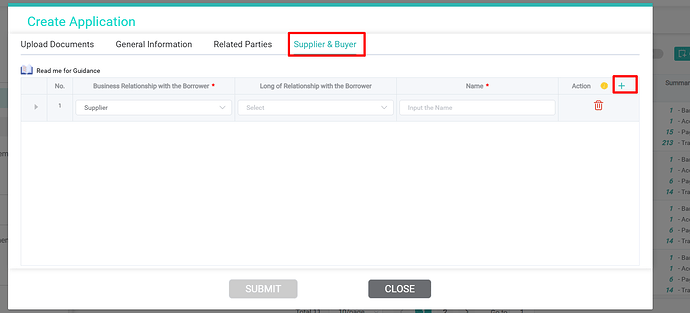 This image shows an application form interface under the "Supplier & Buyer" section, where users can add details about business relationships, including the role and name, with options to submit or close the form. (Captioned by AI)