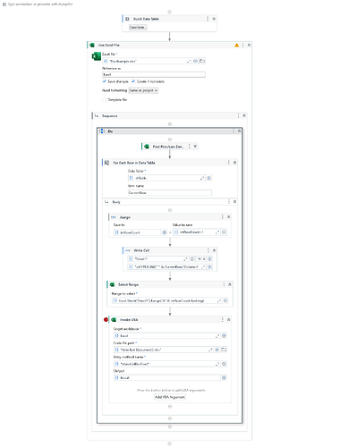 This image depicts a flowchart outlining an automation process in a software application to manipulate an Excel file by building a data table, iterating over rows, writing hyperlinks to cells, selecting a range, and invoking VBA code to modify cell fonts. (Captioned by AI)