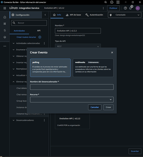 The image displays the interface of UiPath Integration Service for creating or editing an API event with options for Polling and Webhooks. (Captioned by AI)