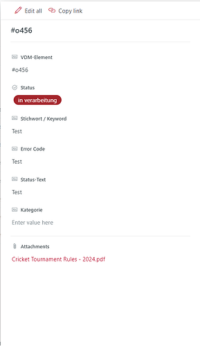 A digital document with the identifier "#o456" is currently marked as "in process" and includes sections for keywords, error code, status text, category, and an attachment named "Cricket Tournament Rules - 2024.pdf". (Captioned by AI)