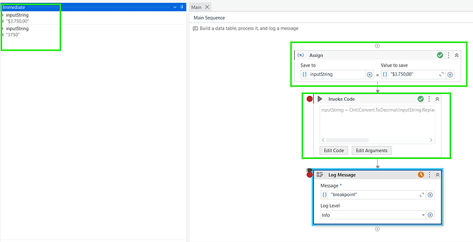 The image shows a sequence in UiPath Studio where a string representing currency is converted to an integer using various activities and code invocation, followed by logging a message. (Captioned by AI)