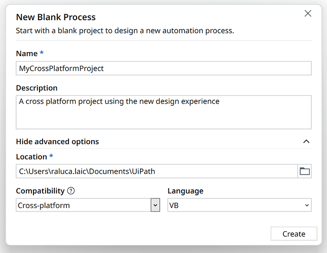 This screenshot shows the interface for creating a new automation project with specifications for name, description, location, compatibility, and programming language settings. (Captioned by AI)