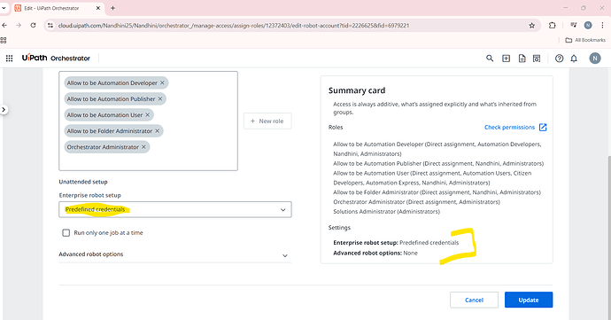 The image displays a UIPath Orchestrator settings page where roles assignment and enterprise robot configuration are shown, highlighting 'Predefined credentials' as the selected option for unattended setup. (Captioned by AI)