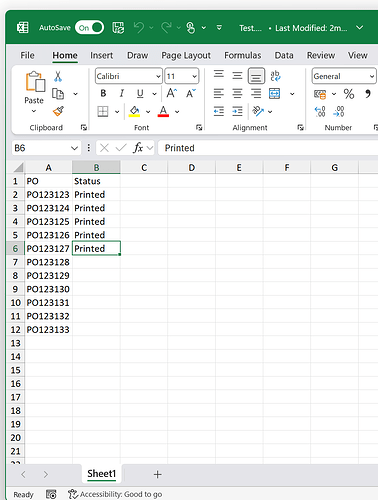 The image shows a Microsoft Excel spreadsheet listing purchase order (PO) numbers, with a "Printed" status for some entries. (Captioned by AI)
