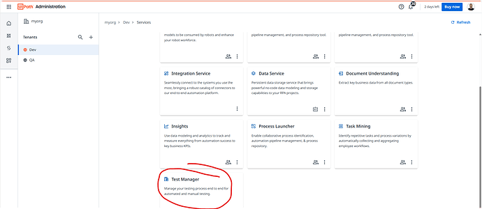 The image shows the UiPath Administration interface with services related to automation management, highlighting the "Test Manager" service card. (Captioned by AI)